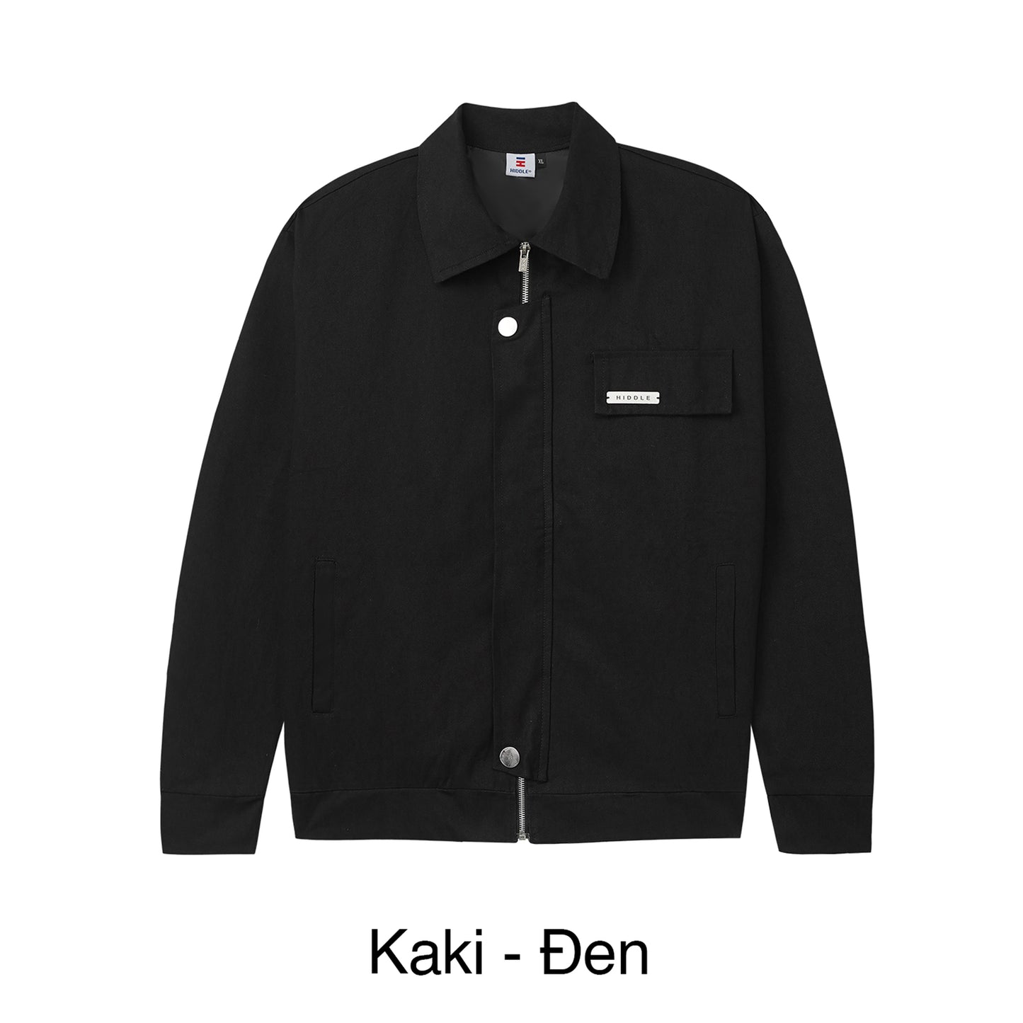 Black jacket with a brand logo on a white background