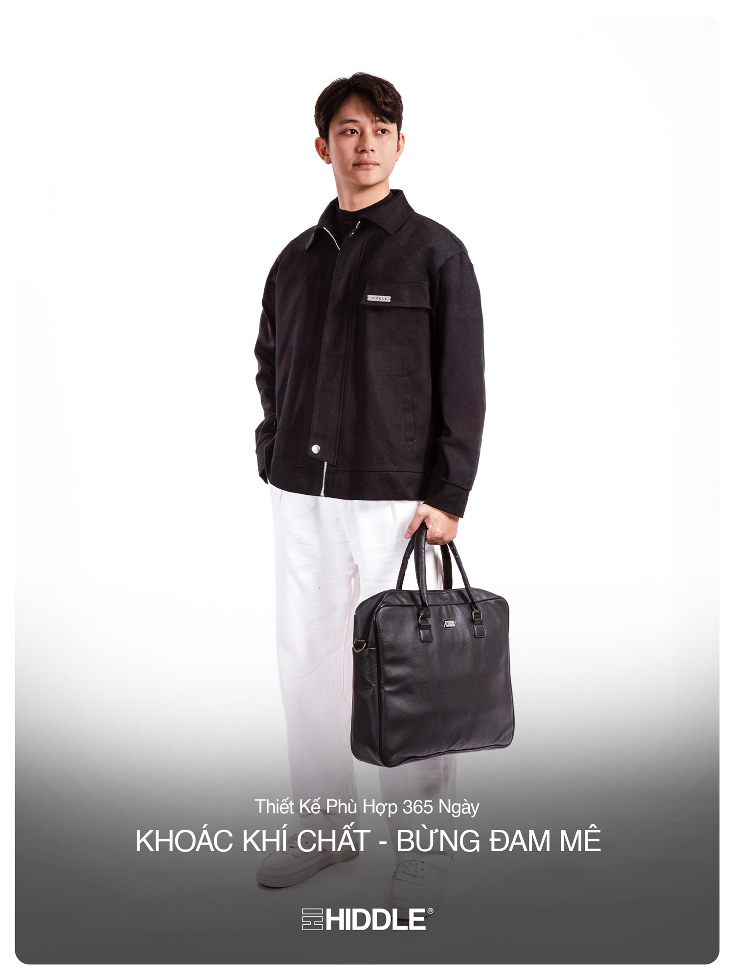 Man holding a black briefcase against a white background with Hiddle branding.
