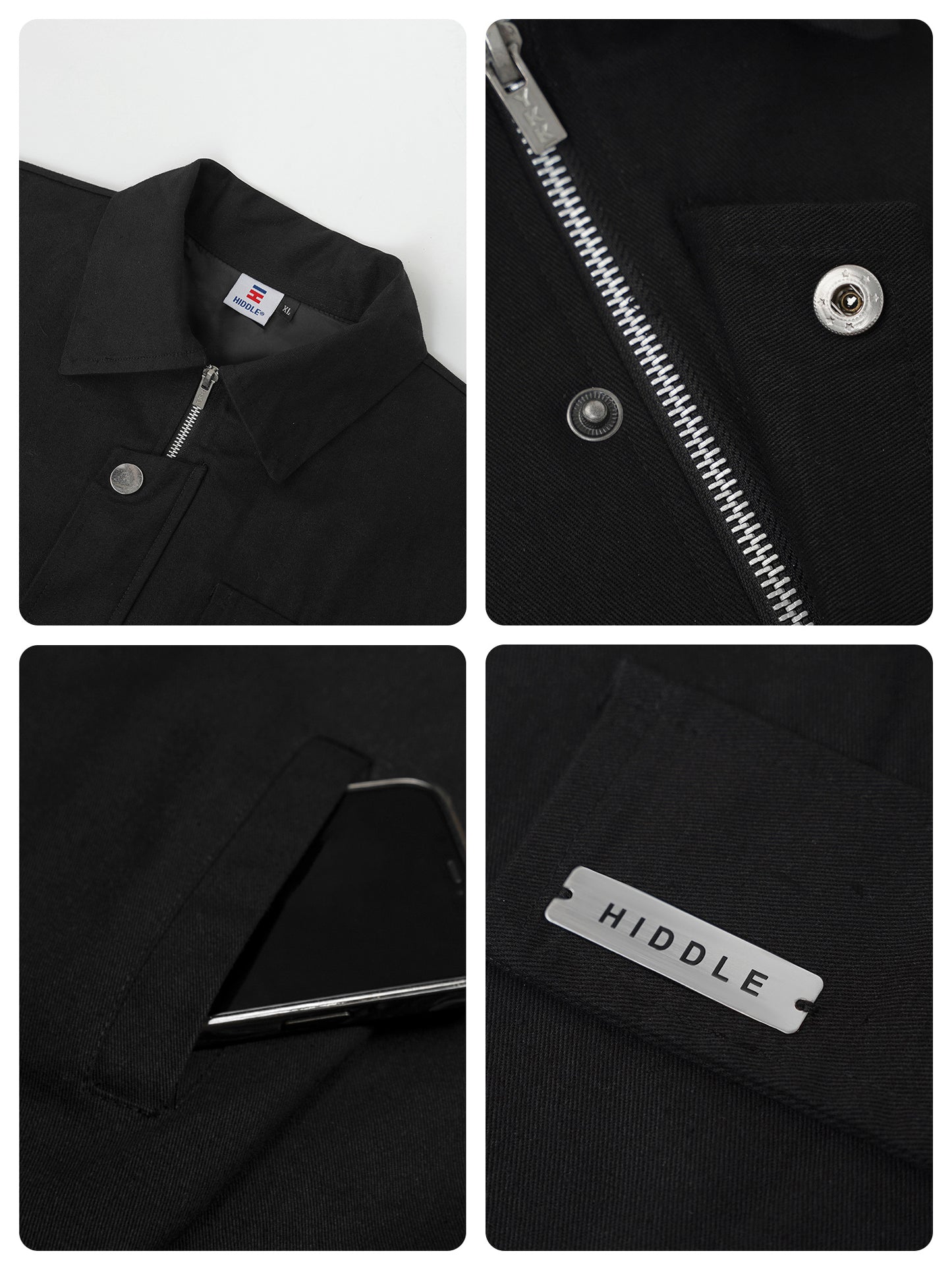 Collage of close-up details of a black jacket with zipper, button, and brand label.