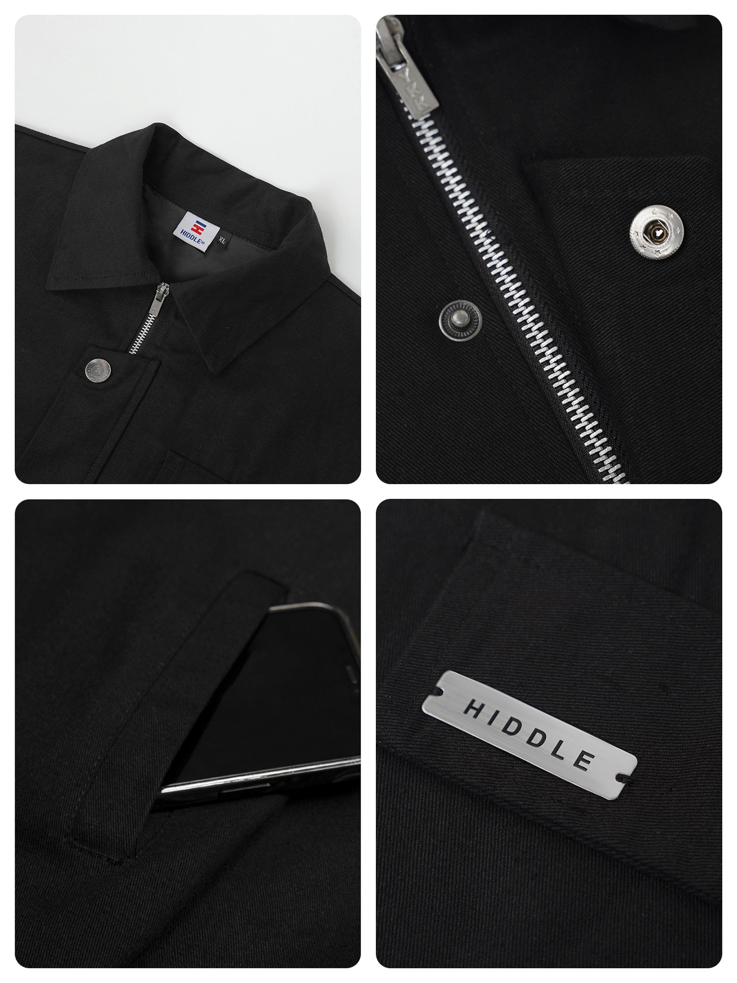 Collage of close-up details of a black jacket with zipper, button, and brand label.