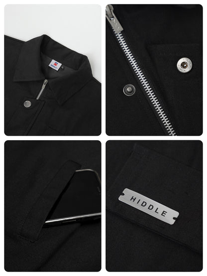 Collage of close-up details of a black jacket with zipper, button, and brand label.