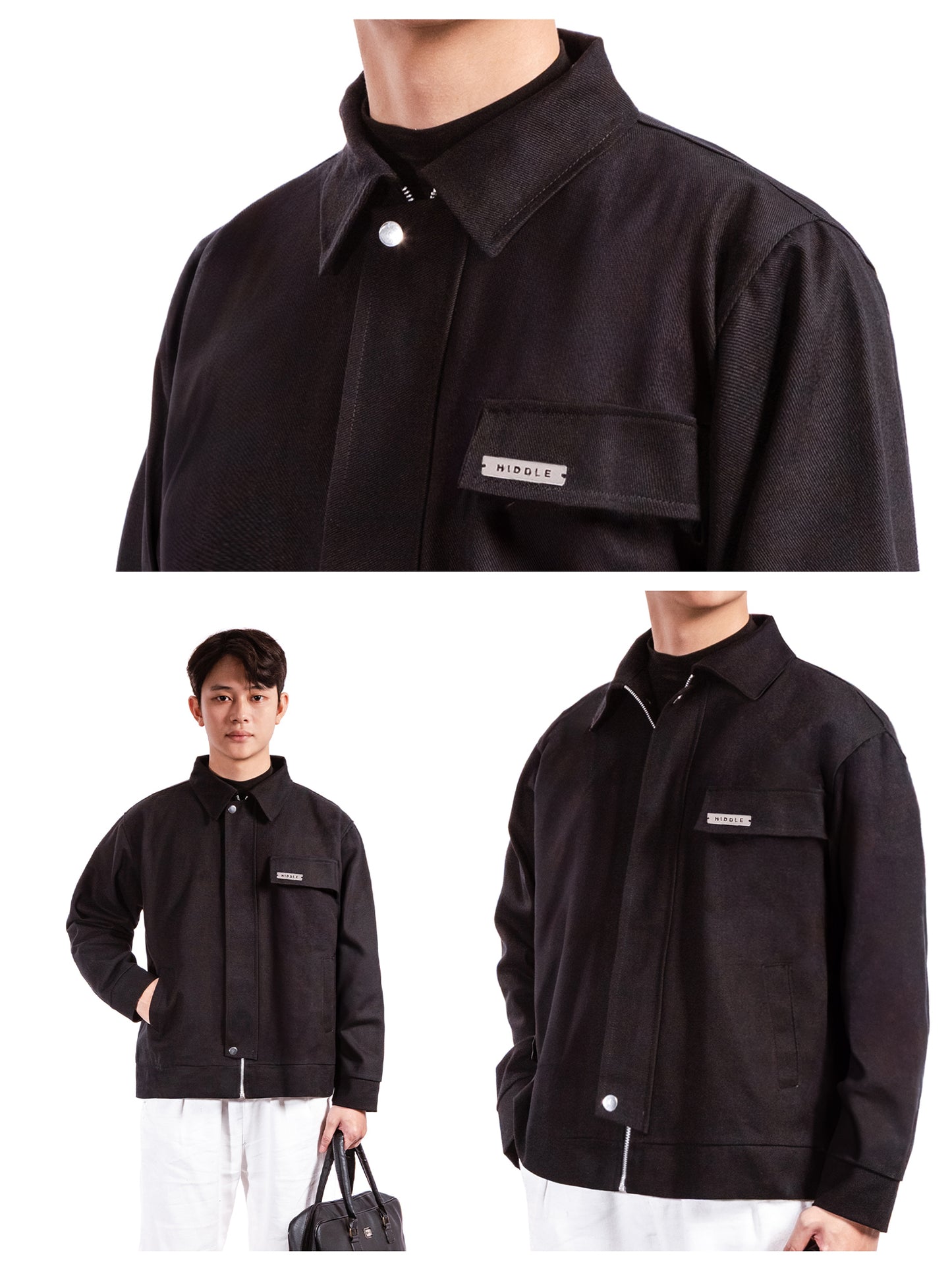 Black jacket with collar and pocket details, worn by a person.