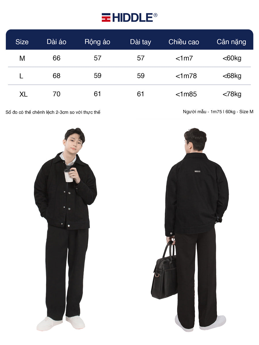 Person wearing a black outfit with size chart and Hiddle branding