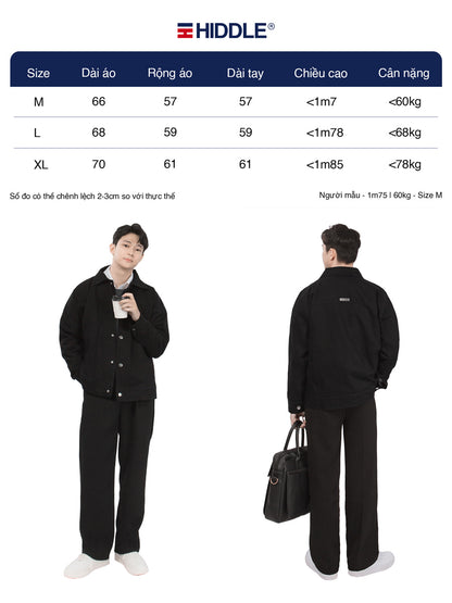 Person wearing a black outfit with size chart and Hiddle branding