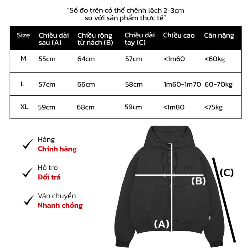 Black hoodie with measurement chart on a white background