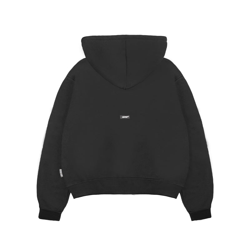 Black hoodie with a small logo on the back against a white background