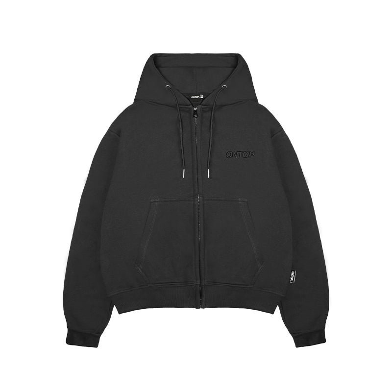 Black hoodie with a brand logo on a white background