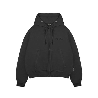 Black hoodie with a brand logo on a white background