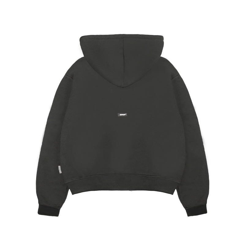 Black hoodie with a small logo on the back against a white background