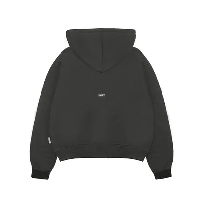 Black hoodie with a small logo on the back against a white background