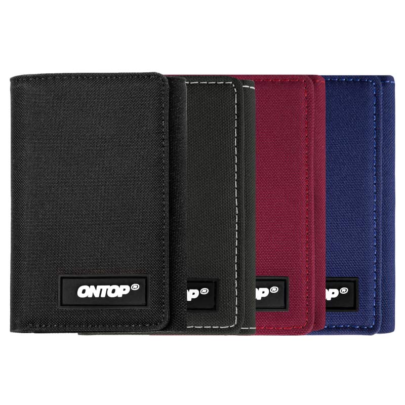 Three wallets in black, red, and blue with 'ONTOP' branding on a white background