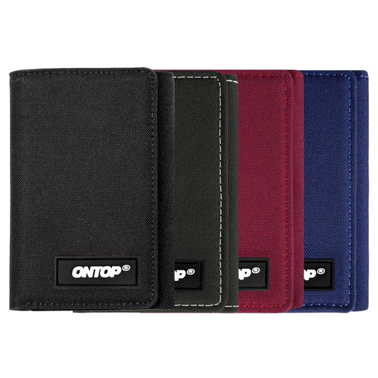Three wallets in black, red, and blue with 'ONTOP' branding on a white background