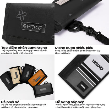 Black wallet with 'ONTOP' branding on a white background