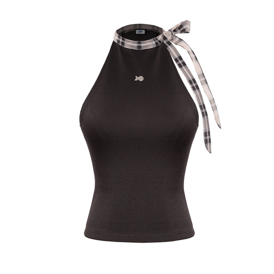 Black sleeveless top with plaid ribbon on a white background