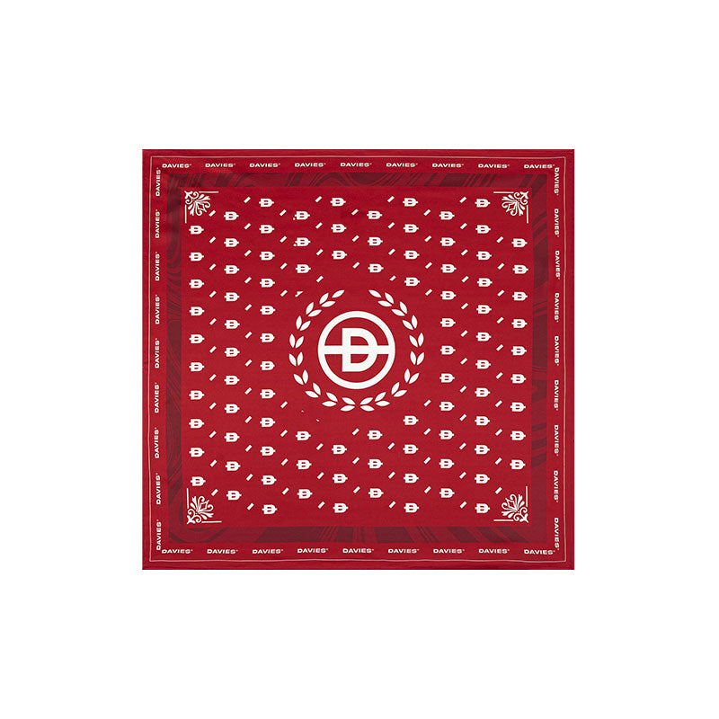 Red bandana with white pattern and logo on a white background