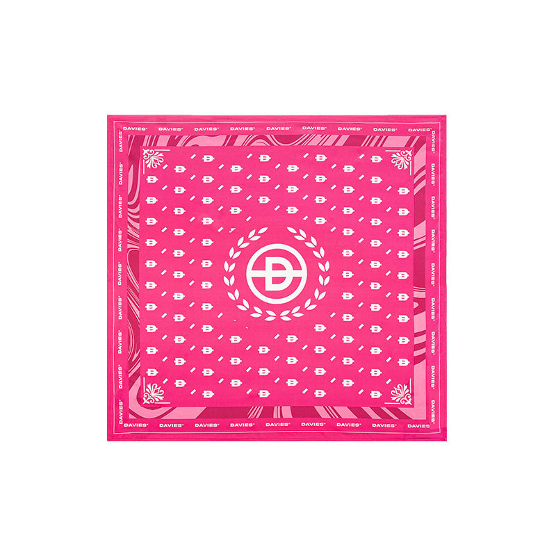 Pink bandana with white patterns and logo on a white background