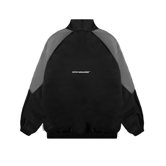 Black and gray jacket with a brand logo on a white background