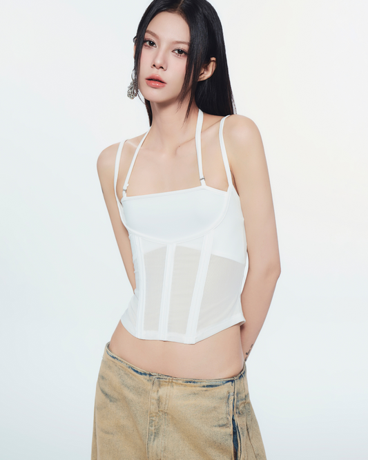 Melios Mesh Top (White) – front view on model