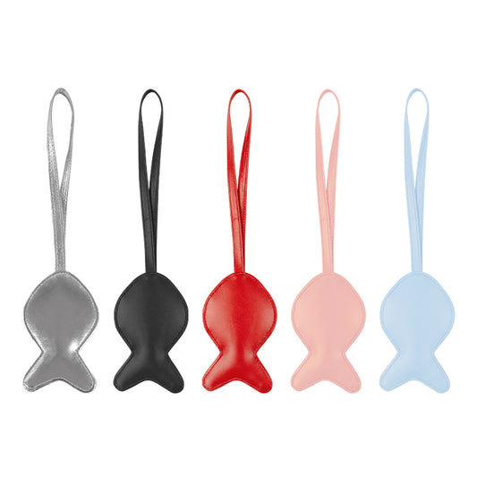 Set of five fish-shaped keychains in different colors on a white background
