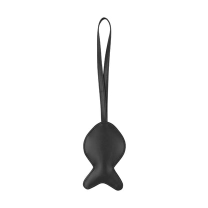 Black fish-shaped keychain with a strap on a white background