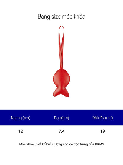 Red keychain with measurement details on a white background