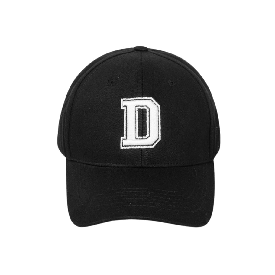 Black cap with a white 'D' on a white background