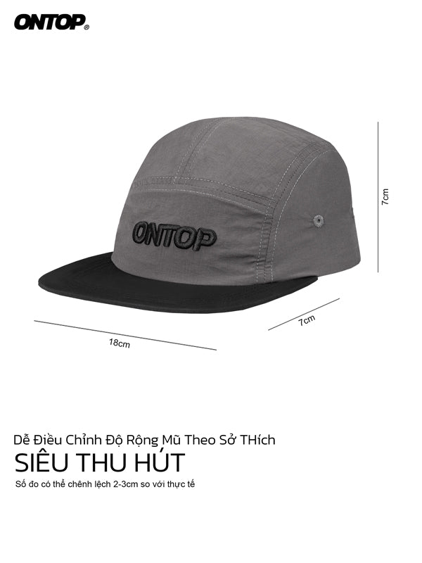 Gray cap with black brim and 'ONTOP' branding, shown with measurements on a white background.