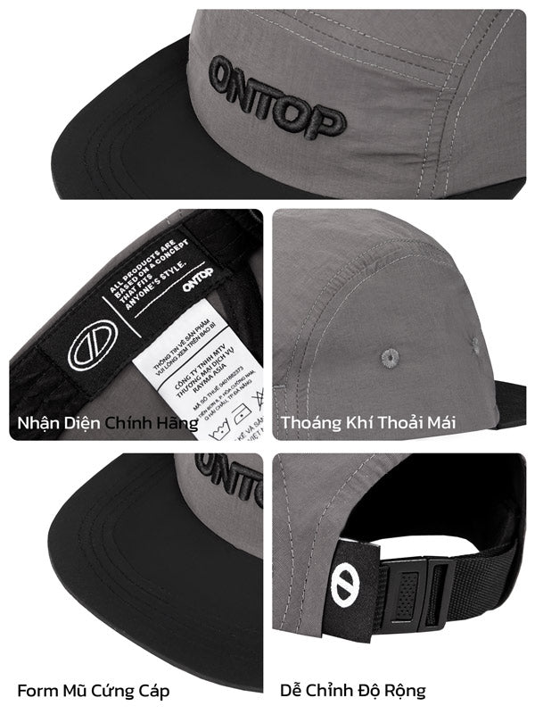 Gray cap with black brim and 'ONTOP' branding, shown from multiple angles.