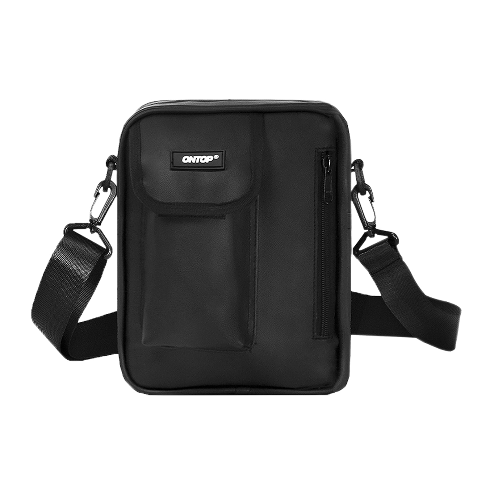 Black crossbody bag with a visible brand logo on a white background