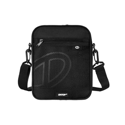Black crossbody bag with visible brand logo on a white background