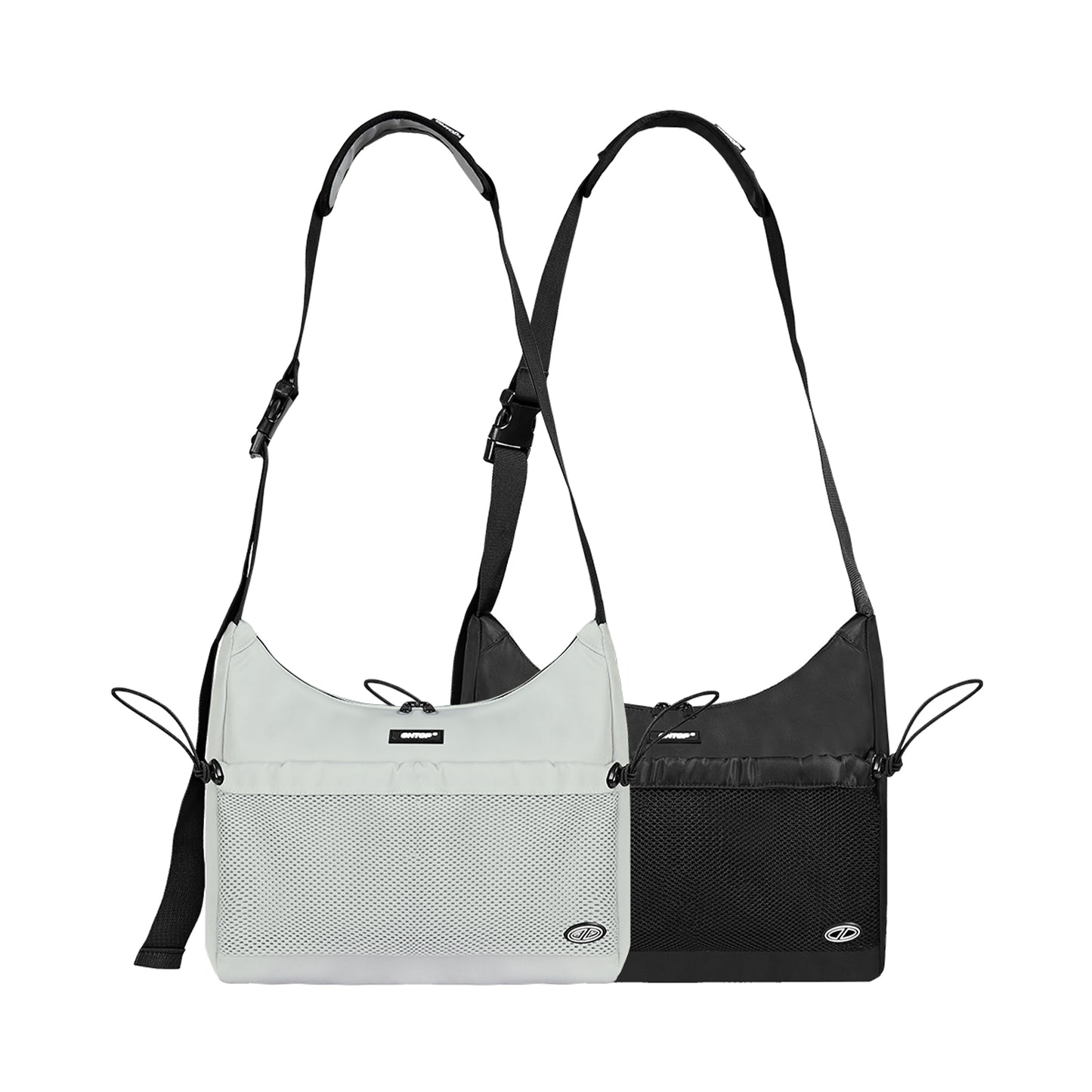 Black and gray crossbody bags on a white background
