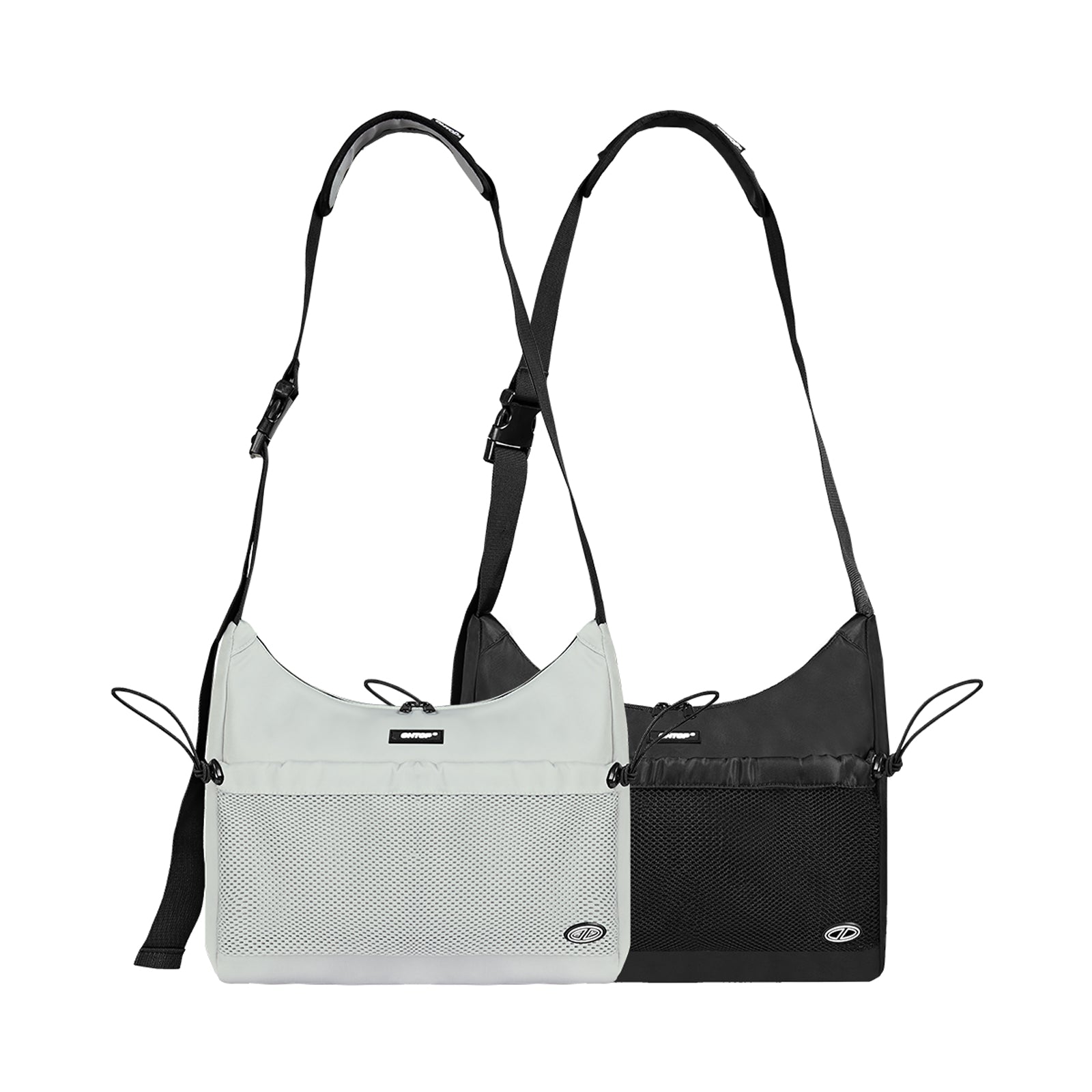 Black and gray crossbody bags on a white background