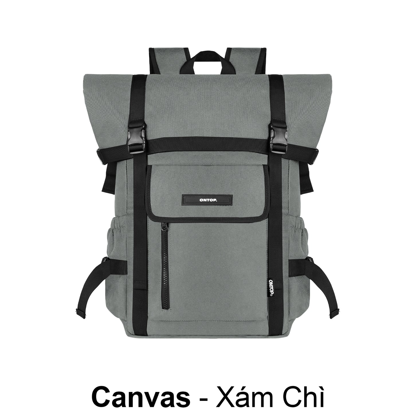 Gray backpack with black straps on a white background