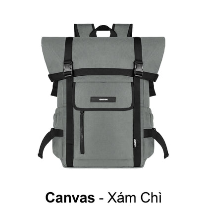 Gray backpack with black straps on a white background