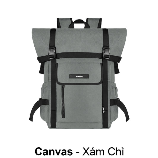 Gray backpack with black straps on a white background