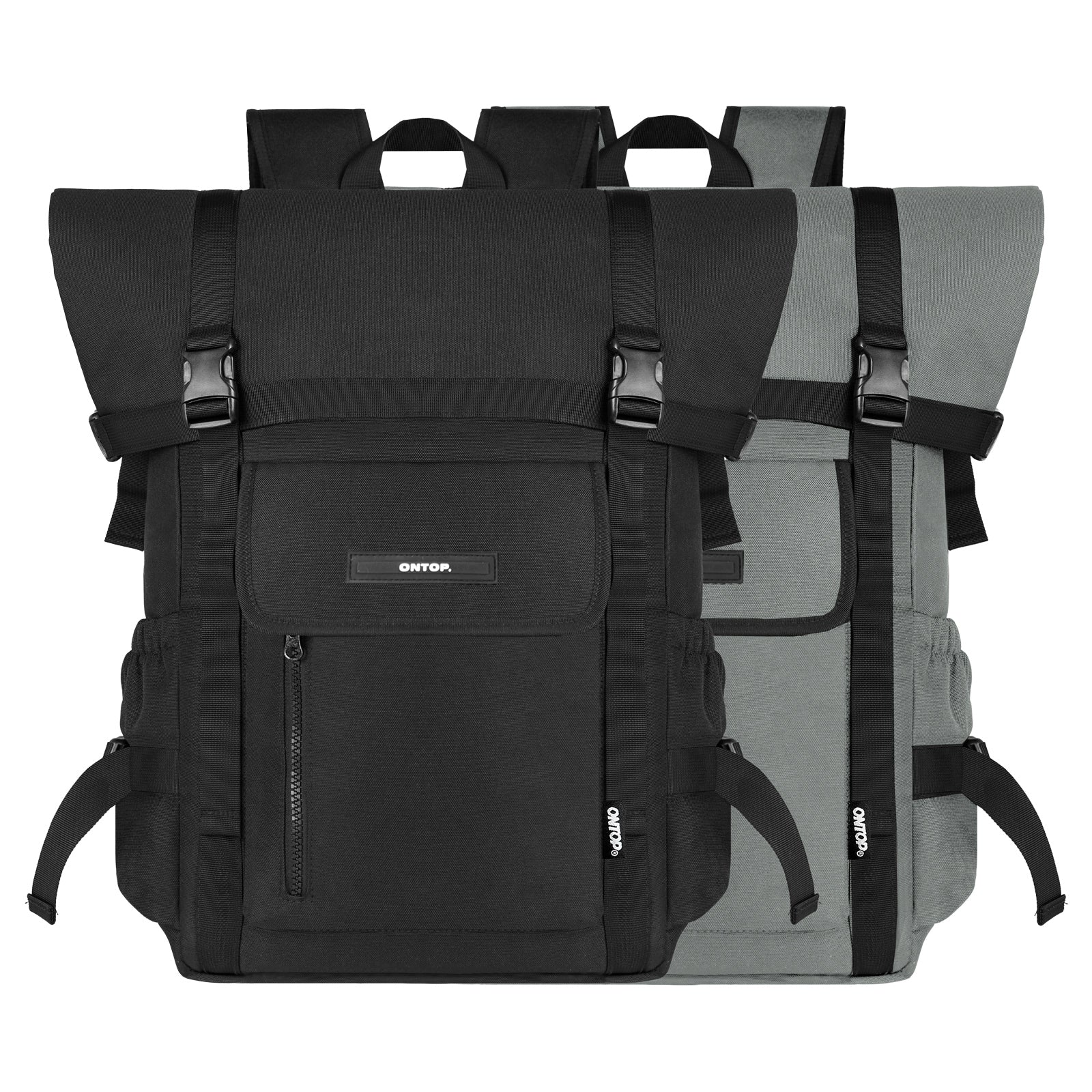 Black and gray backpacks with visible brand logo on a white background