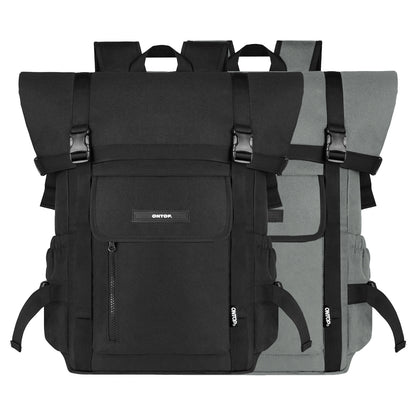 Black and gray backpacks with visible brand logo on a white background