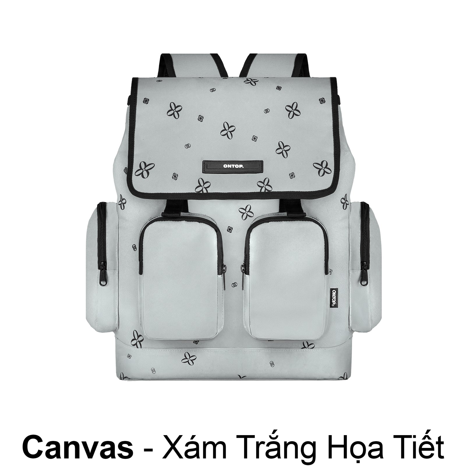 White backpack with black floral patterns on a white background