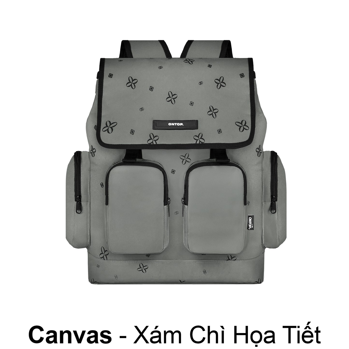 Gray backpack with floral patterns on a white background