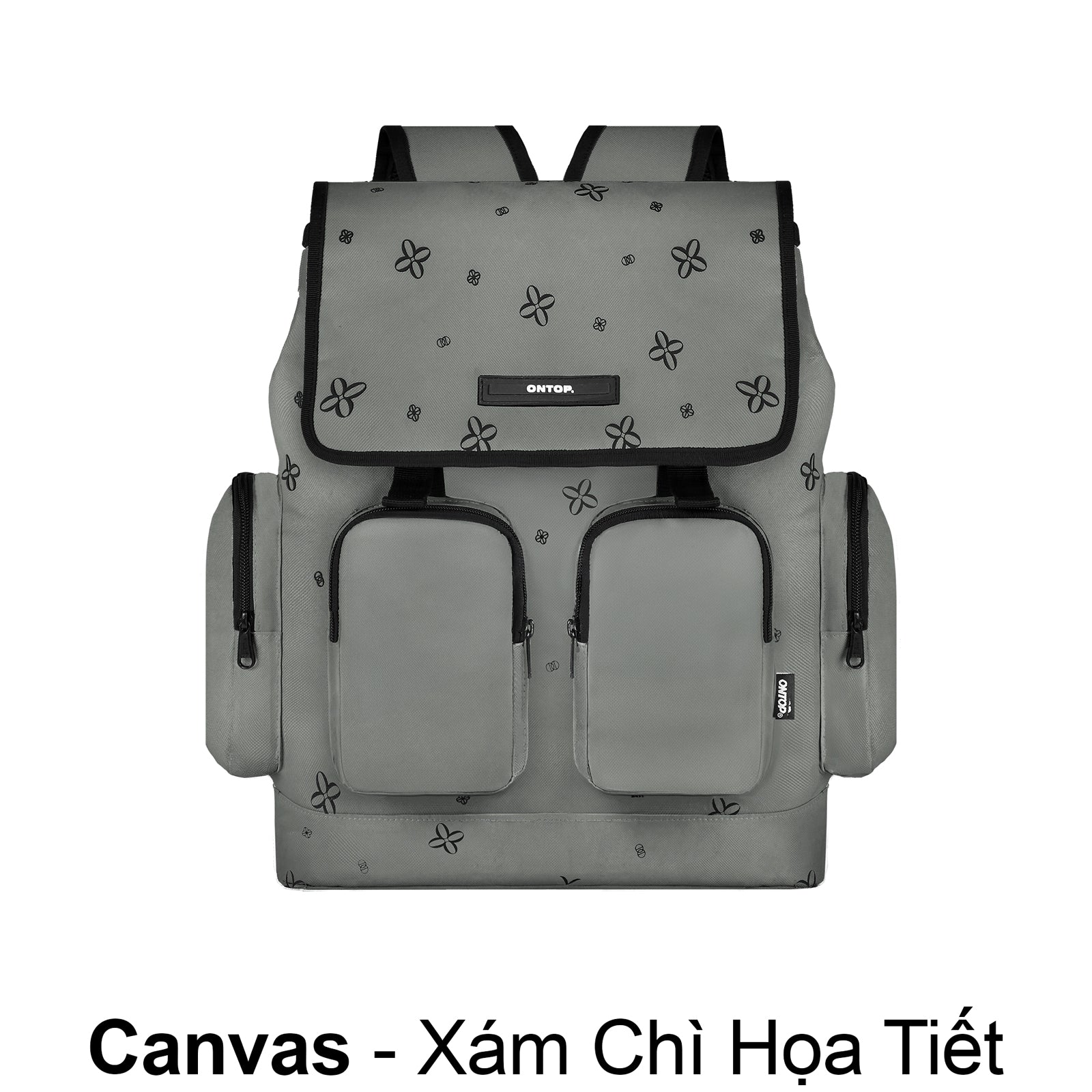 Gray backpack with floral patterns on a white background