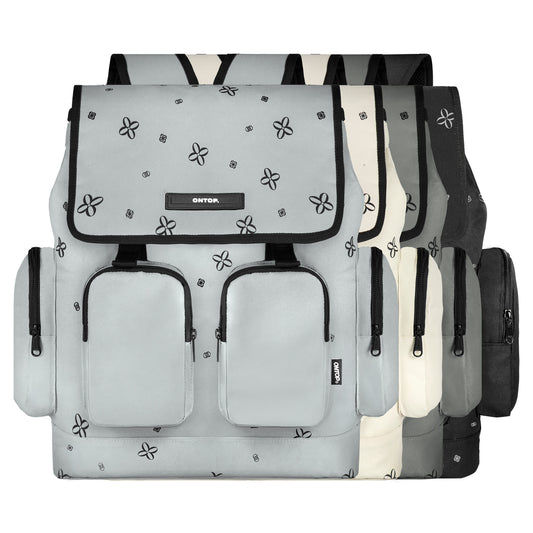 Gray backpack with black floral patterns and visible brand logo on a white background