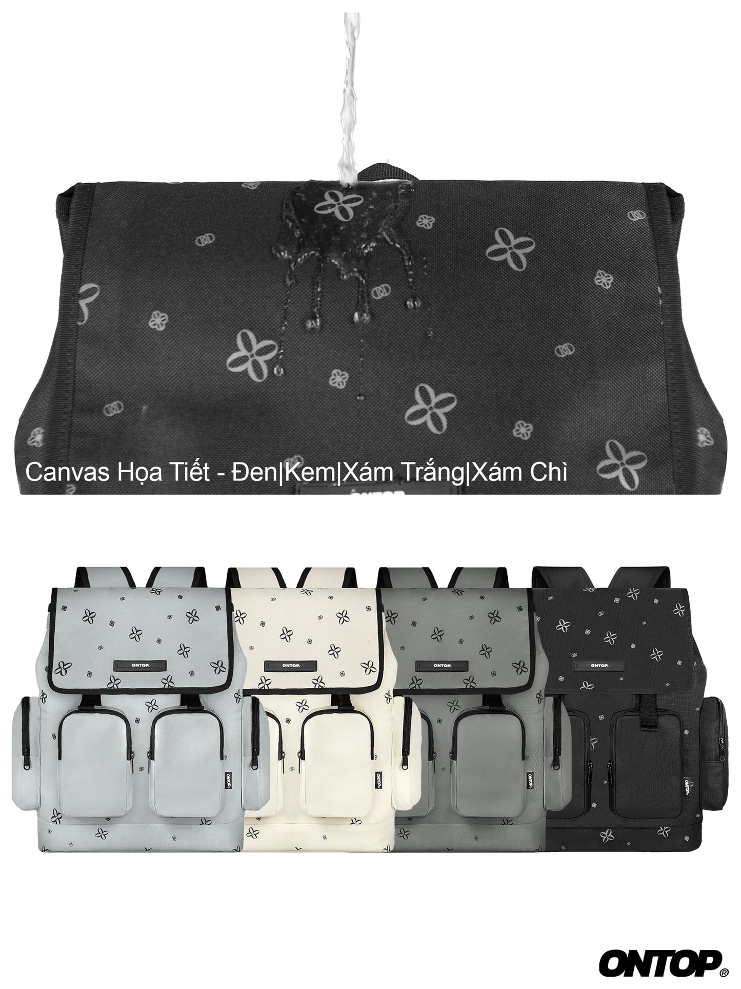 Canvas bags with floral patterns in various colors on a white background, featuring the brand 'ONTOP'.