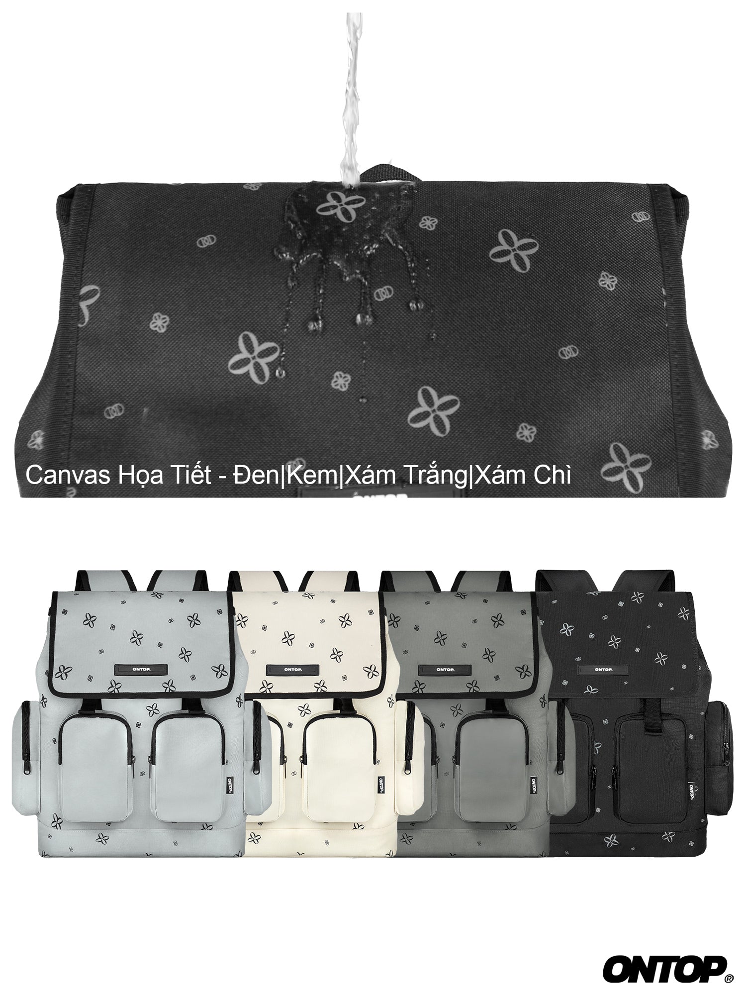 Canvas bags with floral patterns in various colors on a white background, featuring the brand 'ONTOP'.