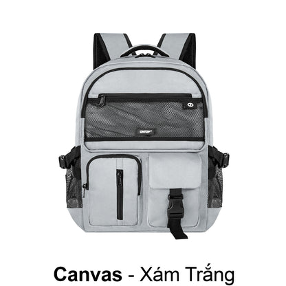 Gray backpack with black accents on a white background