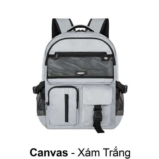Gray backpack with black accents on a white background