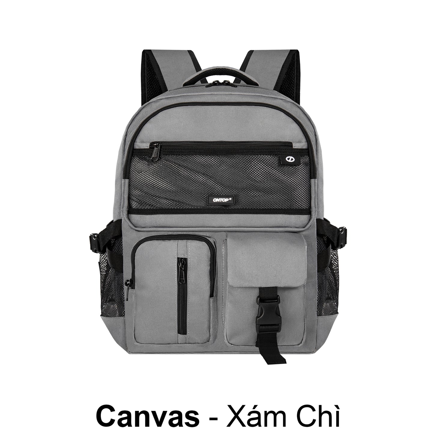 Gray backpack with black accents on a white background