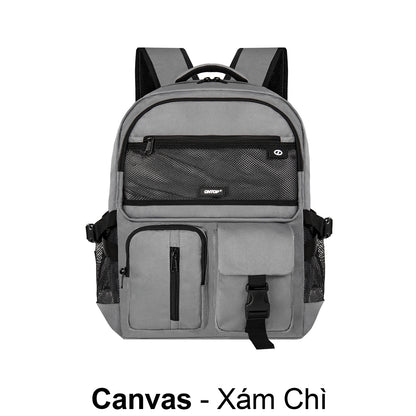 Gray backpack with black accents on a white background