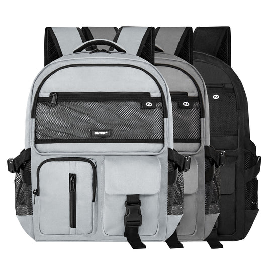 Gray and black backpacks with visible brand logo on a white background