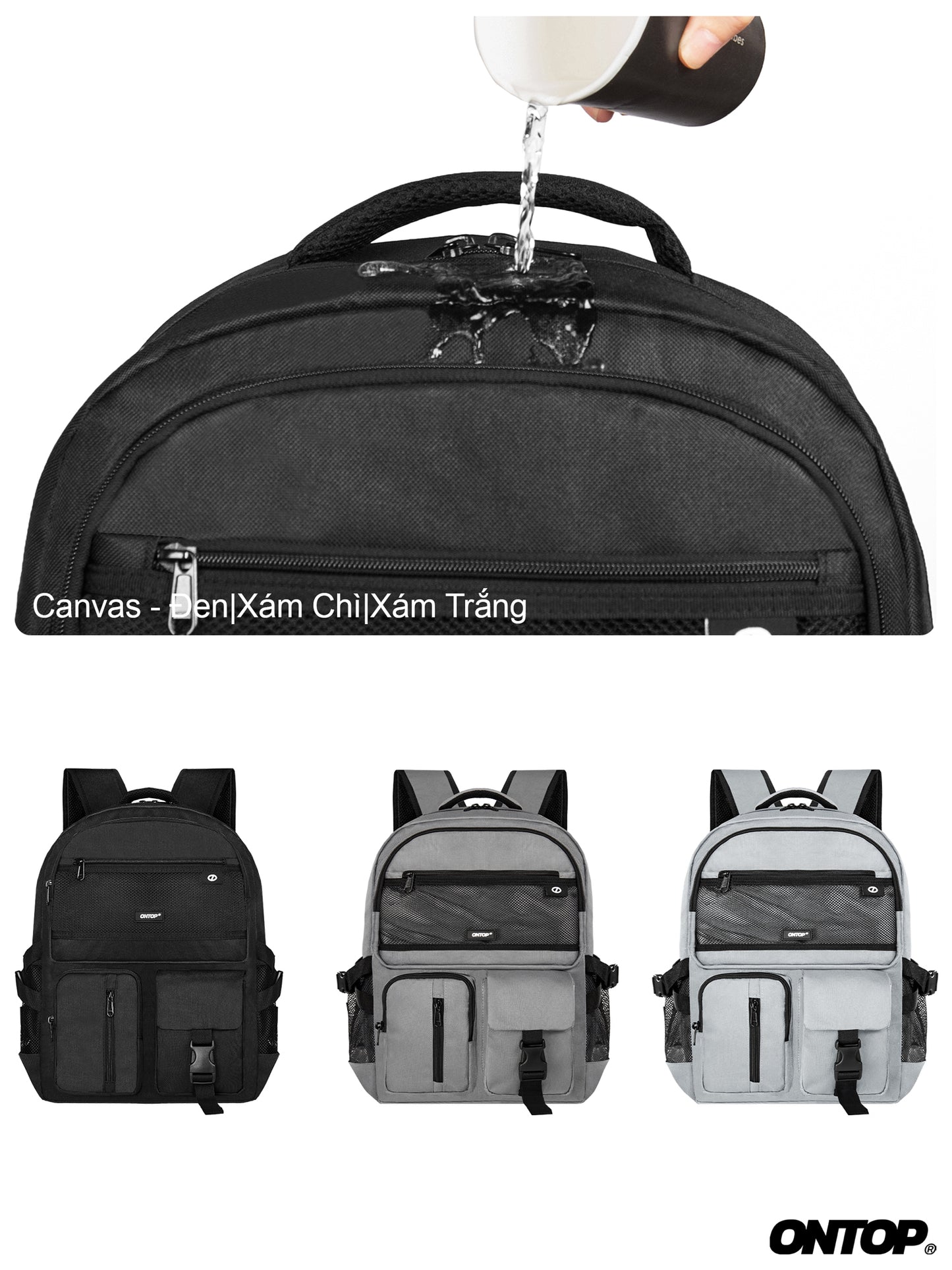 Black backpack with water being poured on it, followed by images of different backpacks.