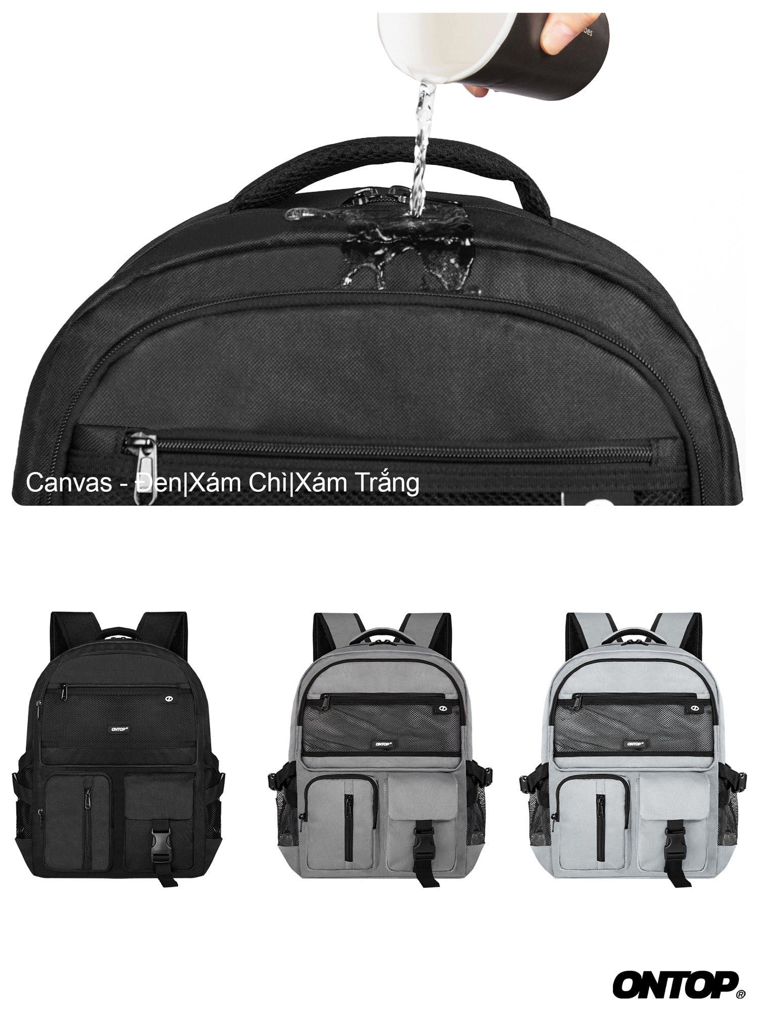 Black backpack with water being poured on it, followed by images of different backpacks.